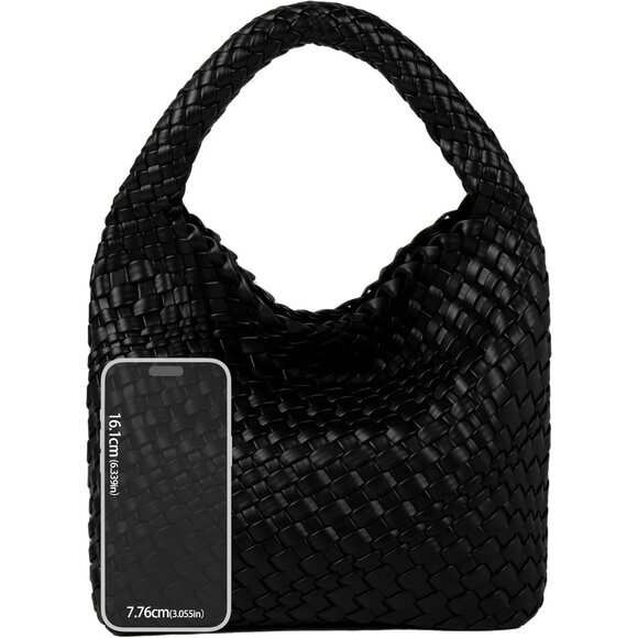 Woven Black Vegan Leather Small Bag for Women with Handy Compartments